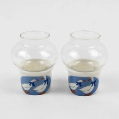 Lot of 2 Vintage Mini Glass Hurricane Candle Holders with Goose Design 2.5" Tall