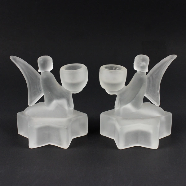 Lot of 2 1980's L.E. Smith Frosted Glass Angel On Star Candlestick Holder