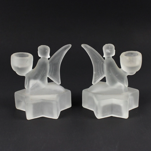 Lot of 2 1980's L.E. Smith Frosted Glass Angel On Star Candlestick Holder