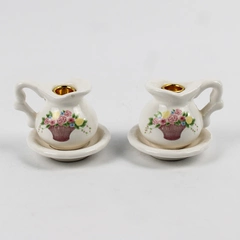 Lot of 2 Unbranded Pitcher and Bowl Floral Candlestick Holders