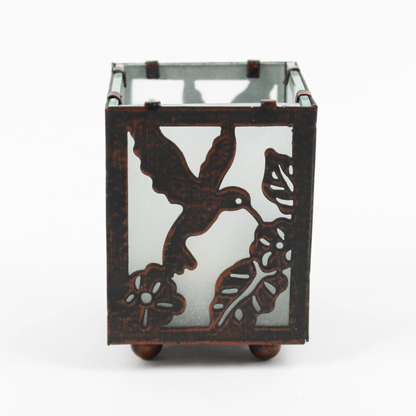 Small Frosted Glass Candle Holder with 4 Hummingbirds with 1 White Tea Candle