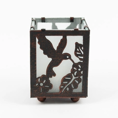 Small Frosted Glass Candle Holder with 4 Hummingbirds with 1 White Tea Candle