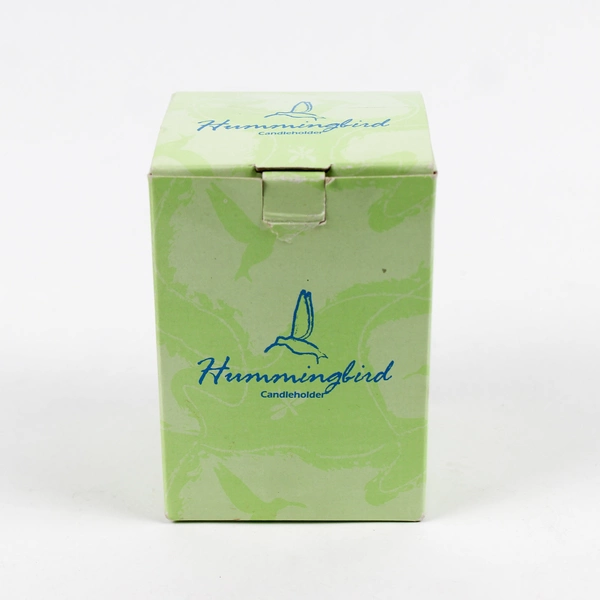 Small Frosted Glass Candle Holder with 4 Hummingbirds with 1 White Tea Candle