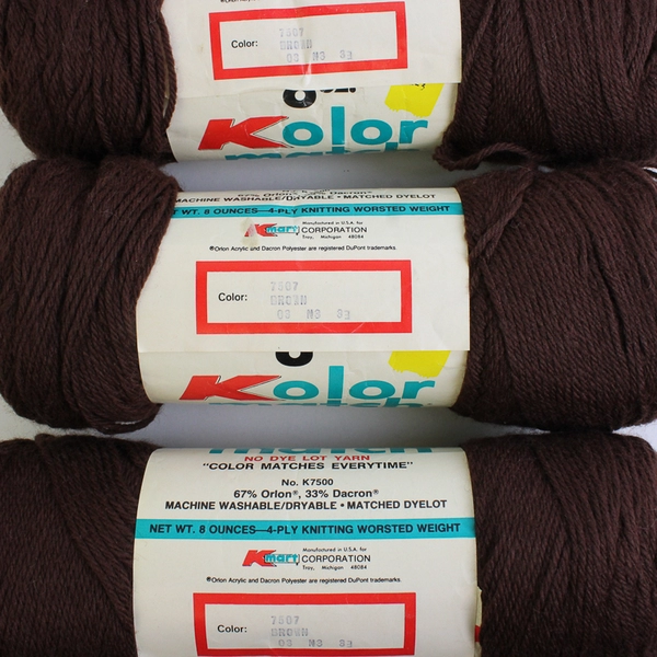 Lot of 3 Vntg. Skeins of Kolor Match Brown 4 -Ply Yarn, 8 ozs each #K7500 New 