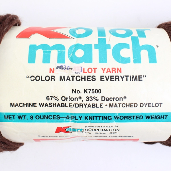 Lot of 3 Vntg. Skeins of Kolor Match Brown 4 -Ply Yarn, 8 ozs each #K7500 New 