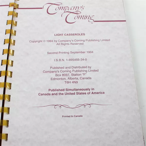 Vintage 1994 Company's Coming Light Casseroles Spiral-bound By Jean Pare