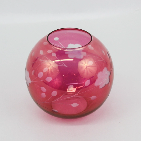 Vtg MCM Cranberry Glass Etched Floral Design Glass Globe Vase 6” Tall