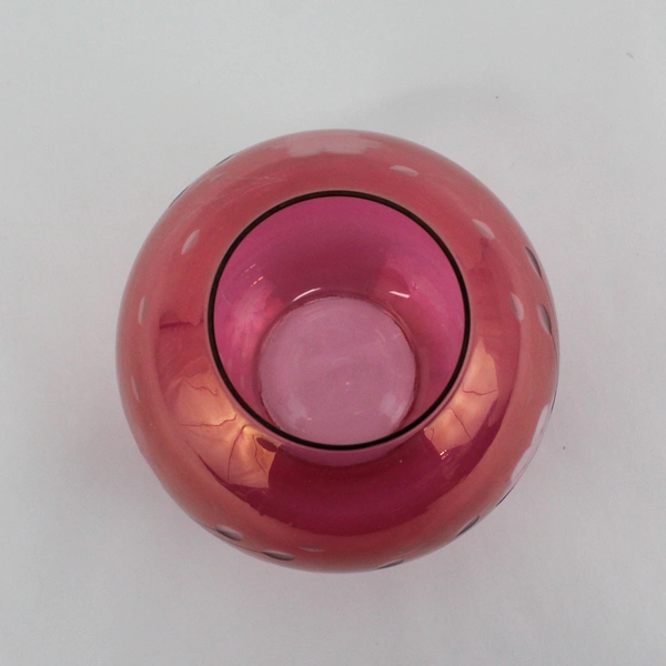 Vtg MCM Cranberry Glass Etched Floral Design Glass Globe Vase 6” Tall