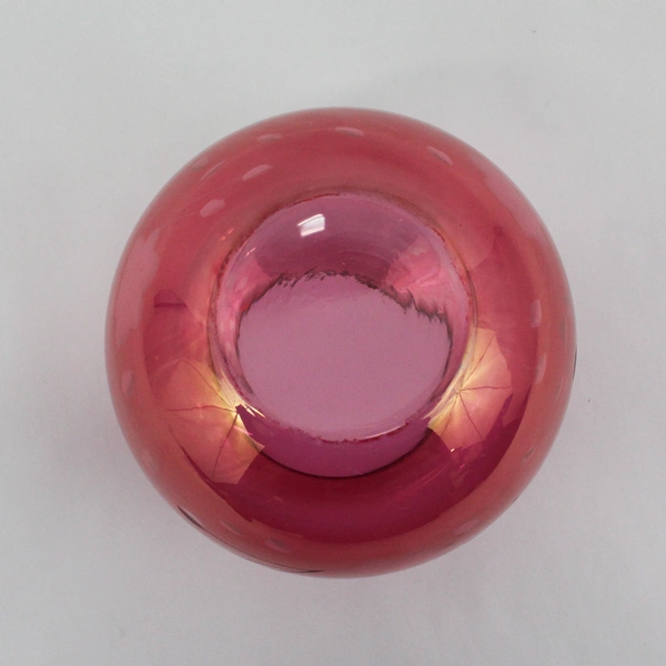 Vtg MCM Cranberry Glass Etched Floral Design Glass Globe Vase 6” Tall