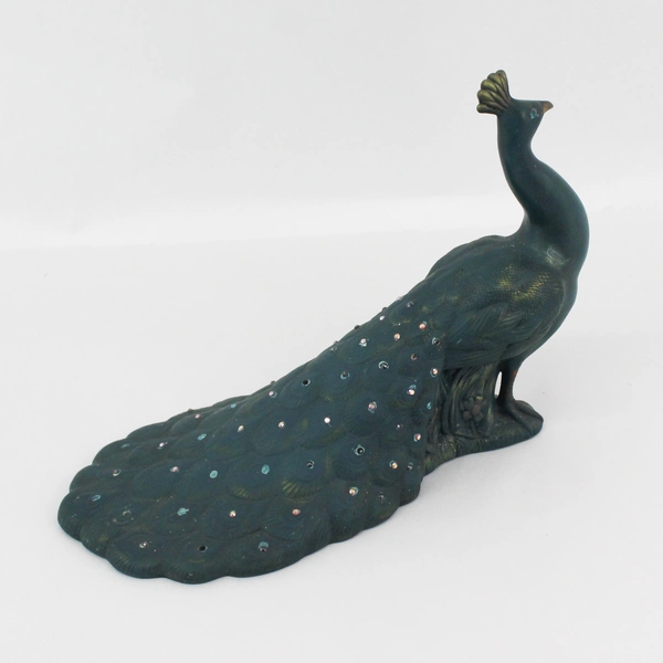 VTG Teal Hand Painted Ceramic Holland Mold Peacock with Rhinestones 10.5" 