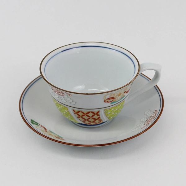 Vtg Arita Ware Porcelain Cup & Saucer Set White Brown Trim Teapot & Panel 