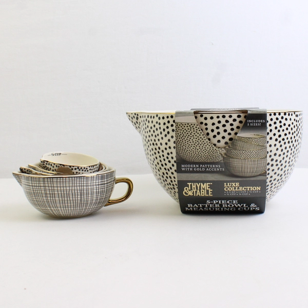 NEW Thyme & Table 5-PC Ceramic Mixing Bowl & Measuring Bowl Set Polka Dot