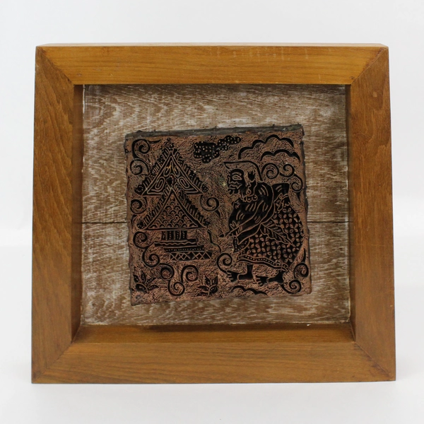 Vintage Framed Indonesian Copper Batik Printing Stamp Man And Pagoda 