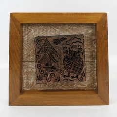 Vintage Framed Indonesian Copper Batik Printing Stamp Man And Pagoda 