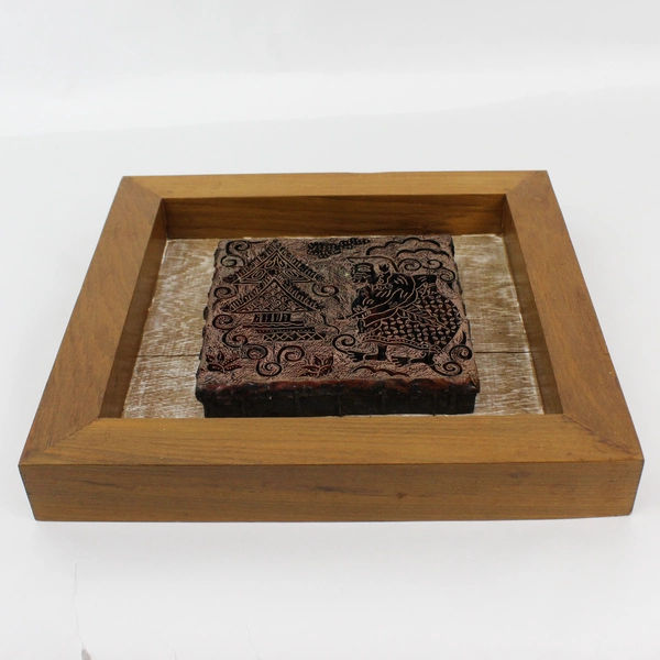 Vintage Framed Indonesian Copper Batik Printing Stamp Man And Pagoda 