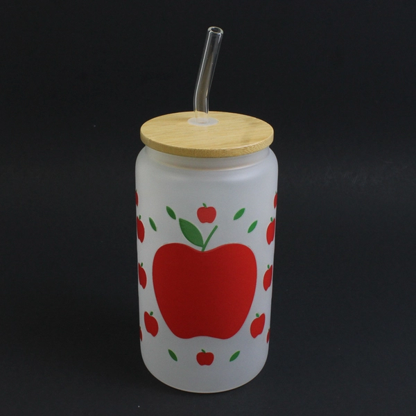 Unbranded Apple Pattern Frosted Glass Cup W/ Glass Straw & Bamboo Lid 6" Tall