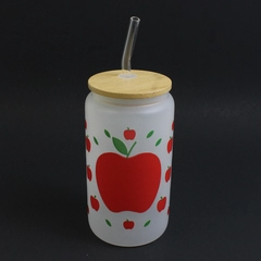 Unbranded Apple Pattern Frosted Glass Cup W/ Glass Straw & Bamboo Lid 6" Tall