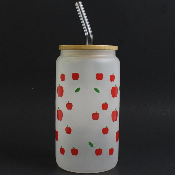 Unbranded Apple Pattern Frosted Glass Cup W/ Glass Straw & Bamboo Lid 6" Tall