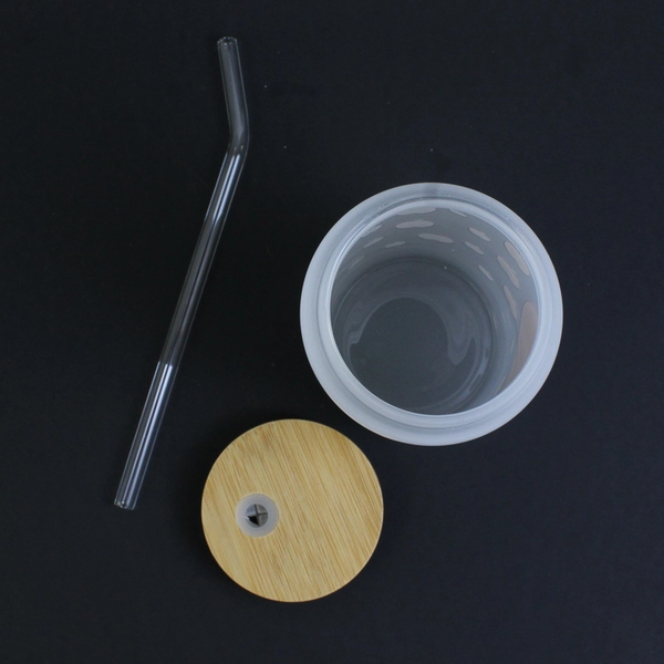 Unbranded Apple Pattern Frosted Glass Cup W/ Glass Straw & Bamboo Lid 6" Tall