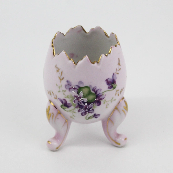 Vintage Lavender Hand Painted Three Footed Porcelain Cracked Egg Vase Violets  