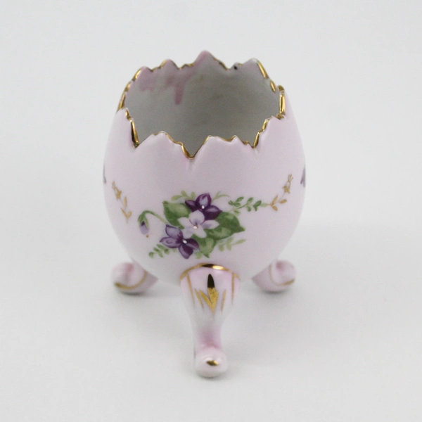 Vintage Lavender Hand Painted Three Footed Porcelain Cracked Egg Vase Violets  