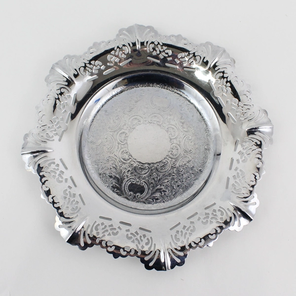 Farber Bros Krome Kraft Etched Round Chrome Tray 12” Round Open Lace Rim
