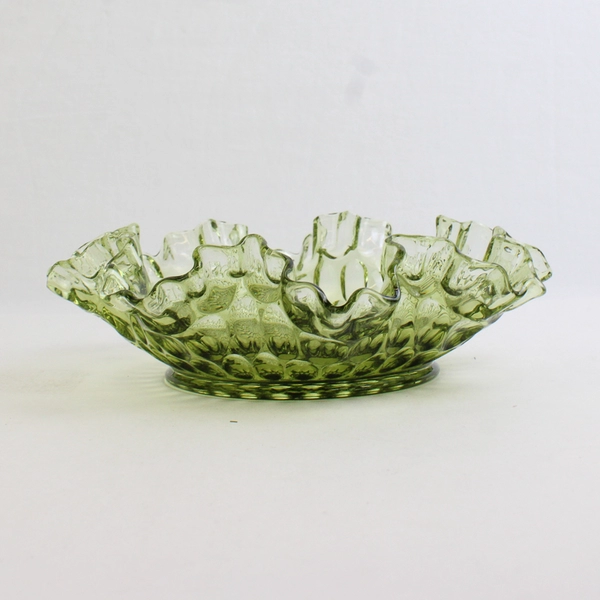 Vintage Fenton Thumbprint Avocado Green Ruffled Bowl Candy Dish 8"