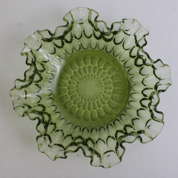 Vintage Fenton Thumbprint Avocado Green Ruffled Bowl Candy Dish 8"