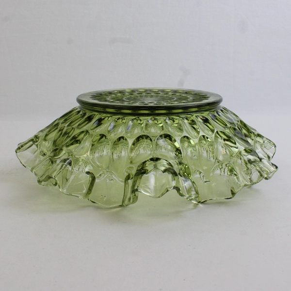 Vintage Fenton Thumbprint Avocado Green Ruffled Bowl Candy Dish 8"