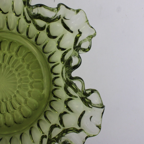 Vintage Fenton Thumbprint Avocado Green Ruffled Bowl Candy Dish 8"