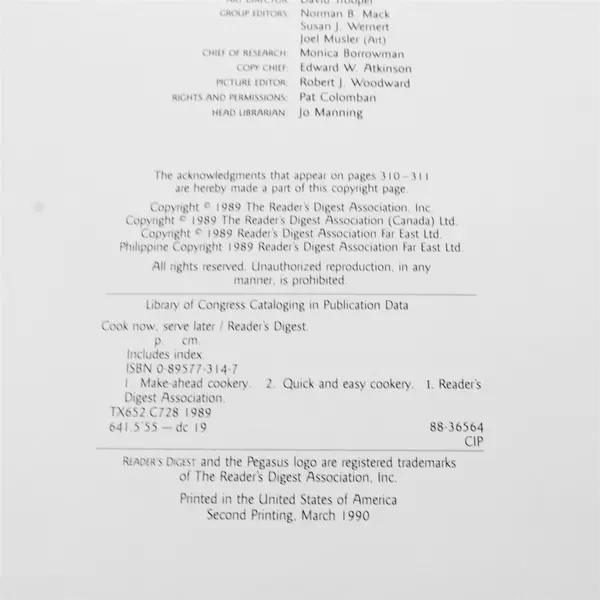 Cook Now Serve Later Editors of Reader's Digest Hardcover Cookbook