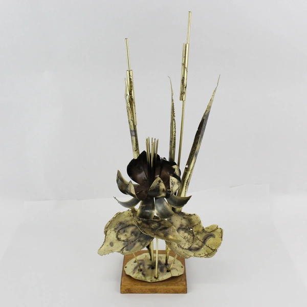 Mid Century Brass Cattails & Lotus Sculpture Torch Cut 23"