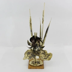 Mid Century Brass Cattails & Lotus Sculpture Torch Cut 23"