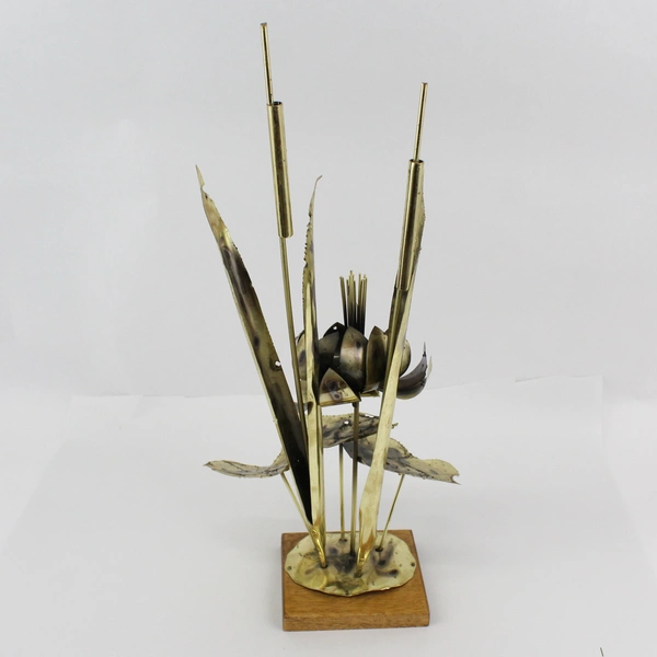 Mid Century Brass Cattails & Lotus Sculpture Torch Cut 23"