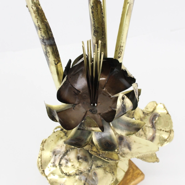 Mid Century Brass Cattails & Lotus Sculpture Torch Cut 23"