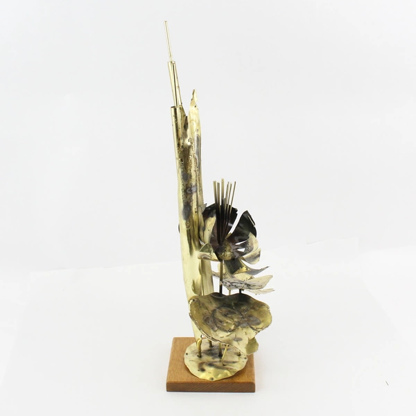 Mid Century Brass Cattails & Lotus Sculpture Torch Cut 23"