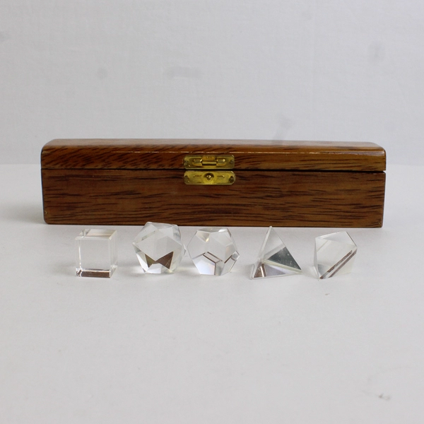 5 Pc Clear Glass Platonic Solids Geometry Set with Wooden Box