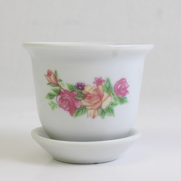 Hallmark Miniature Rose Printed Porcelain Planter & Plant Saucer 2.5" Tall
