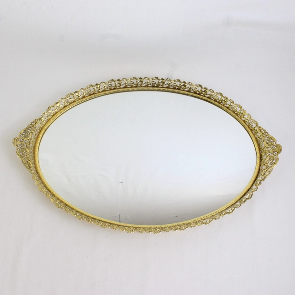 Vintage Oval Hangable Mirror Tray with Floral Gold-Toned Carved Edges 18" 
