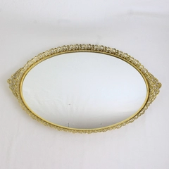 Vintage Oval Hangable Mirror Tray with Floral Gold-Toned Carved Edges 18" 