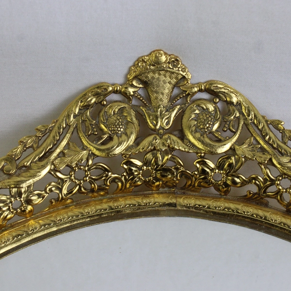 Vintage Oval Hangable Mirror Tray with Floral Gold-Toned Carved Edges 18" 