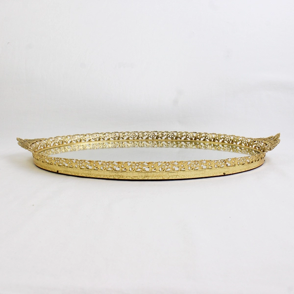 Vintage Oval Hangable Mirror Tray with Floral Gold-Toned Carved Edges 18" 