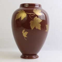 Teleflora Solid Gold Leaf Pattern On Solid Brown Ceramic Bouquet Vase 8.75" Tall