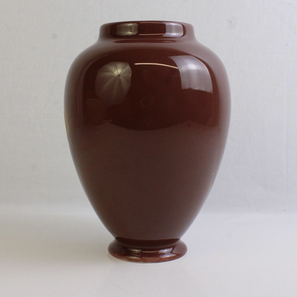 Teleflora Solid Gold Leaf Pattern On Solid Brown Ceramic Bouquet Vase 8.75" Tall
