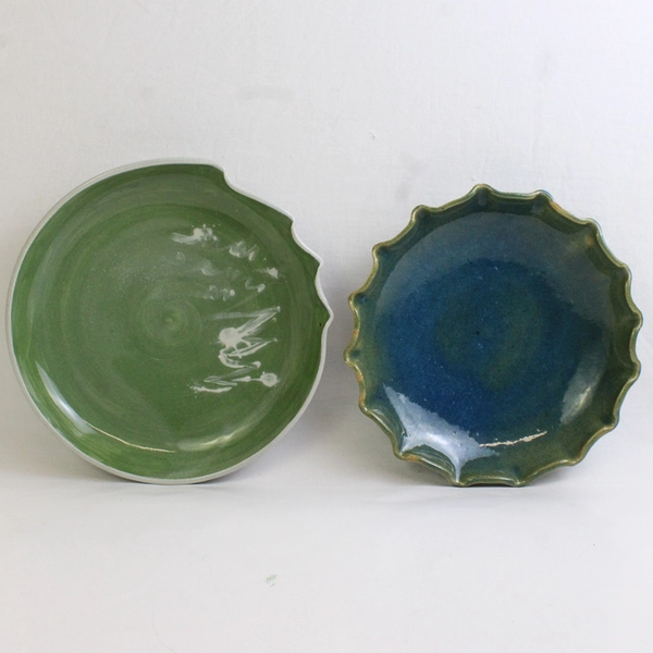 Lot Of 2 Handmade Ceramic Plates Signed By Pini 9" Green & 8.5" Blue