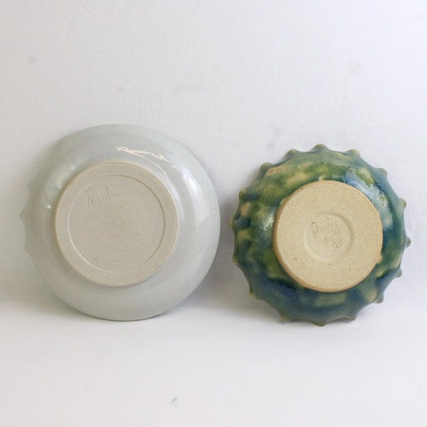 Lot Of 2 Handmade Ceramic Plates Signed By Pini 9" Green & 8.5" Blue