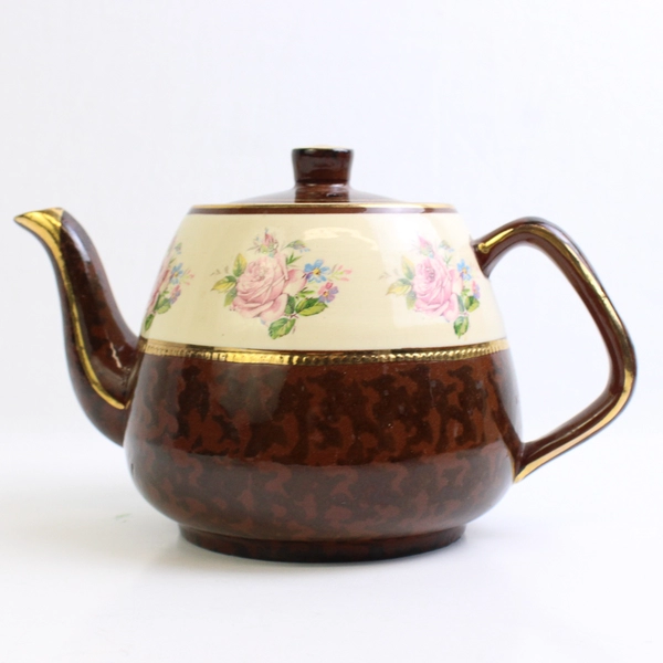 Arthur Wood England Brown W/ Pink Roses Ceramic Teapot Gold Trim 5.5" Tall