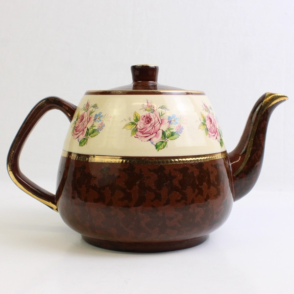 Arthur Wood England Brown W/ Pink Roses Ceramic Teapot Gold Trim 5.5" Tall