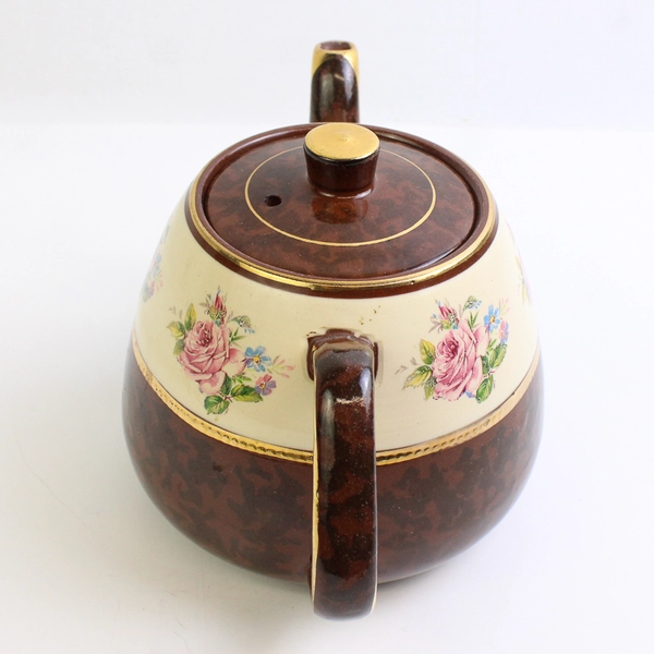 Arthur Wood England Brown W/ Pink Roses Ceramic Teapot Gold Trim 5.5" Tall