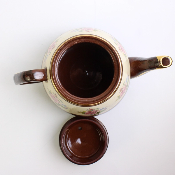 Arthur Wood England Brown W/ Pink Roses Ceramic Teapot Gold Trim 5.5" Tall